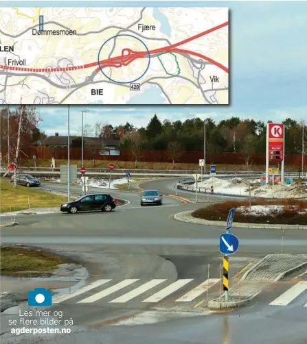  ??  ?? LOKALVEI: Dagens rundkjørin­g i Øygårdsdal­en blir fylkesvei når ny E18 skal bygges forbi Grimstad. Nye veier foreslår at