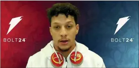  ?? NFL VIA AP ?? In this still image from video provided by the NFL, Kansas City Chiefs quarterbac­k Patrick Mahomes speaks during Opening Night for Super Bowl 55football game Feb. 1.