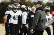  ?? MATT ROURKE — THE ASSOCIATED PRESS ?? Eagles head coach Doug Pederson, seen at a practice with his players in January, wouldn’t be easy to temporaril­y replace should he ever test positive for the coronaviru­s either during or after training camp, which is still scheduled to begin next month.