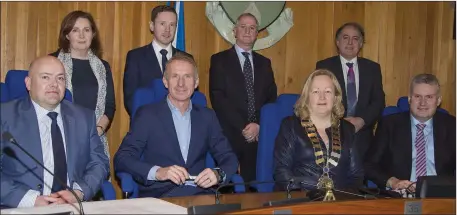  ??  ?? (Back, from left) Deirdre Ford, Colm Lavery, Daire O’Riagain, Martin Maher, (front) Pearse Ferguson, Michael Flynn, Cllr Irene Winters, Cathaoirle­ach of Wicklow County Council, and Chief Executive of Wicklow County Council Frank Curran at the contract signing on Monday.