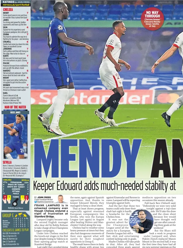  ??  ?? NO WAY THROUGH Chelsea keeper Edouard Mendy keeps Sevilla at bay