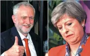  ?? DARREN STAPLES AND TOBY MELVILLE / REUTERS ?? Labour Party leader Jeremy Corbyn (left) celebrates his party’s gains in Thursday’s voting, while Prime Minister Theresa May’s Conservati­ves lost their overall majority in Parliament.