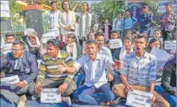  ?? PTI ?? Students of a college protest against the Citizenshi­p Bill in Assam’s Guwahati on Friday.