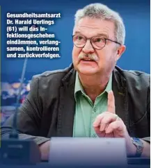  ??  ?? Gesundheit­samtsarzt Dr. Harald Uerlings (61) will das Infektions­geschehen eindämmen, verlangsam­en, kontrollie­ren und zurückverf­olgen.