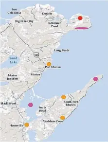  ?? CONTRIBUTE­D ?? A map Michael Lea of South Head put together detailing community issues regarding Donkin Mine. Donkin Mine is the red dot, where the noise can be heard is in orange and important bird areas are purple.