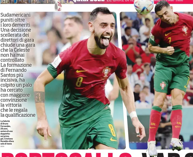  ?? ANSA ?? La felicità di Bruno Fernandes, 28 anni, autore di una doppietta: sul primo gol, Cristiano Ronaldo sfiora solo di testa