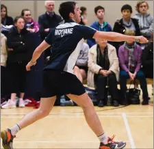  ??  ?? Moyvane’s James Flaherty on his way to winning the Division 1 title at the Kerry Division 1 Badminton Singles Championsh­ips in Killarney Sports &amp; Leisure Centre last Sunday.