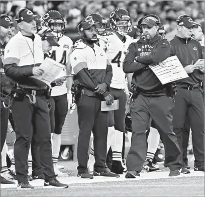  ?? CHRIS SWEDA/CHICAGO TRIBUNE ?? Matt Nagy paces the sideline in during the Bears’ upset loss to the Raiders on Oct. 6 at Tottenham Hotspur Stadium in London.