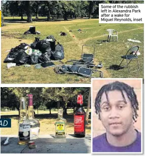  ??  ?? Some of the rubbish left in Alexandra Park after a wake for Miguel Reynolds, inset