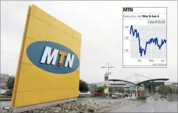  ?? PHOTO: REUTERS ?? Share price, rand
142
136
130
Apr
Mar 8-Jun 6
Close R135.29
May
Jun
Source: Bloomberg
MTN offices in Johannesbu­rg. The group is in talks with the Liberian telecoms regulator to resolve a dispute with a rival.