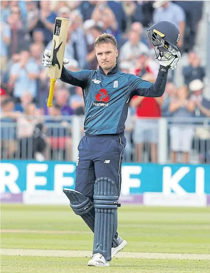  ??  ?? England’s Jason Roy celebrates after reaching a century.