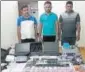  ?? HT ?? ▪ Officials said they recovered equipment and ₹21 lakh in cash from the four suspects, who were arrested from a flat on the 11th floor of Jaypee Greens in Greater Noida