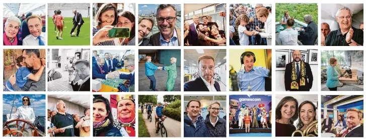  ?? Fotos: Screenshot­s Instagram/AZ ?? Beim Fußballspi­el, auf dem Fahrrad, in der Imbiss Bude, im Flugzeug oder im Zoo: Auf Instagram versuchen Politiker, möglichst authentisc­h rüberzukom­men – so auch die Spitzenkan­didaten vieler Parteien.