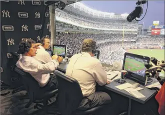  ?? Ellen Wallop / YES Network ?? Michael Kay, right, will call Yankees home games with no fans on site and road games off monitors. Analyst Paul O’neill, center, will have to work from home.