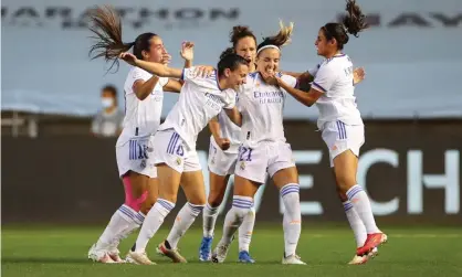  ??  ?? Real Madrid’s Kosovare Allani and teammates celebrate victory against Manchester City. Photograph: Robbie Jay Barratt/AMA/Getty Images