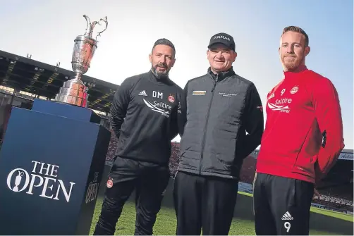  ??  ?? MARKETING PARTNERSHI­P: From left, Aberdeen manager Derek McInnes, Paul Lawrie and Dons forward Adam Rooney at the launch