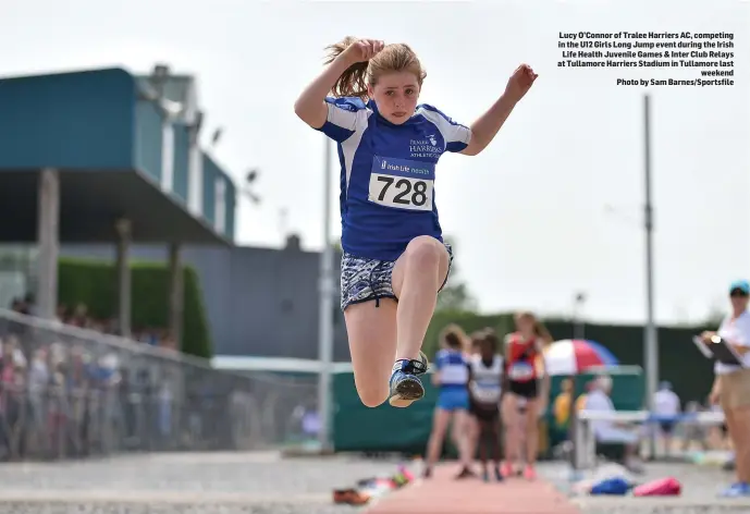  ??  ?? Lucy O’Connor of Tralee Harriers AC, competing in the U12 Girls Long Jump event during the Irish Life Health Juvenile Games & Inter Club Relays at Tullamore Harriers Stadium in Tullamore last weekend Photo by Sam Barnes/Sportsfile