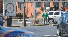  ?? (Bryan Woolston/Reuters) ?? A POLICEMAN AND a detection dog search for explosives after a bomb threat to the Jewish Community Center in Louisville, Kentucky, last week.