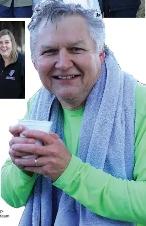  ??  ?? Right: Polar Plunge Co-Ordinator George Euvrard warms up afterwards with hot chocolate supplied by the PG Glass team (Left)