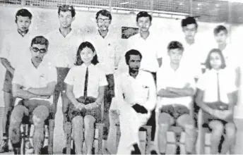  ?? ?? Old photo from the columnist’s album shows him (seated, second right) during his early start as editor of ‘The Square’ in 1967. With him are (seated from left) Datu Saleh Sulaiman, Edrea Ong, VK Kumaran and Dolly Crocker. Those standing are (from left) Carot Ripid, Jabu Entinggie, Ahmad Shamsuddin, Dato Abang Affandi Abang Anuar, Edric Ong and Peter Salang.