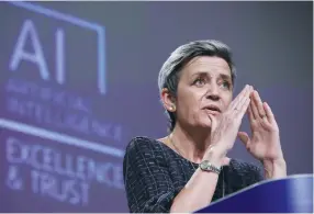  ?? (Olivier Hoslet/Pool via Reuters) ?? EUROPEAN EXECUTIVE Vice President Margrethe Vestager speaks at a media conference on the European Union’s approach to artificial intelligen­ce, in Brussels, in April.