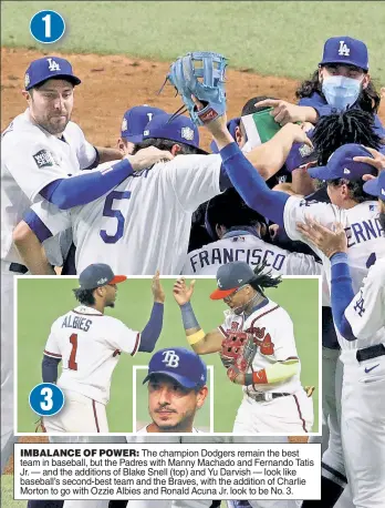  ??  ?? IMBALANCE OF POWER: The champion Dodgers remain the best team in baseball, but the Padres with Manny Machado and Fernando Tatis Jr. — and the additions of Blake Snell (top) and Yu Darvish — look like baseball’s second-best team and the Braves, with the addition of Charlie Morton to go with Ozzie Albies and Ronald Acuna Jr. look to be No. 3.