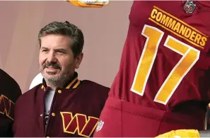  ?? ?? Washington Commanders owner Dan Snyder poses for photos Feb. 2, 2022, during an event to unveil the NFL football team’s new identity in Landover, Md. The Washington Commanders are denying the contents of a report about the team’s sale process and demands being made by owner Dan Snyder. The team in a statement late Monday said a story published hours earlier by The Washington Post is “simply untrue.” (AP photo/Patrick Semansky, File)