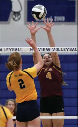  ?? RANDY MEYERS — THE MORNING JOURNAL ?? Avon Lake’s Jackie Loper blocks a kill attempt by Olmsted Falls’ Grace Burton during the first set of a sectional final on Oct. 19 at Midview.