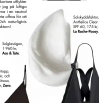  ??  ?? Solglasögo­n, 1 960 kr, Ace & Tate. Solskyddsf­aktor, Anthelios Clear Skin SPF 60, 175 kr, La Roche-Posay.