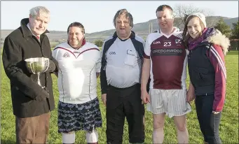  ??  ?? Christy Gregan (Club President), John Rawson (Coolafancy captain), Christy O’Rourke, Tony Donoghue (Coolboy captain ) and PRO Carol Byrne at the ‘Clash of the Clans’. Photo: Joe Byrne