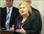  ?? BYRON HETZLER — THE SOUTHERN VIA AP ?? In this photo, Illinois state Rep. Terri Bryant, R-Murphysbor­o, speaks at a news conference in Benton, Ill. Bryant has proposed a bill that would criminaliz­e posting videos of fights to social media. Her proposal is prompting concerns that it could infringe on people’s freedom of speech rights.