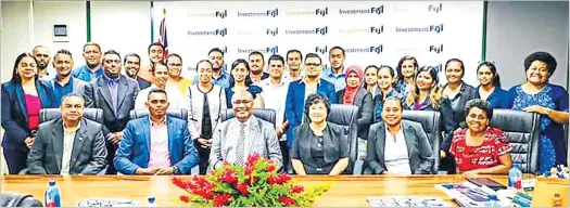  ?? Picture: SUPPLIED ?? Deputy Prime Minister and Minister for External Trade, Co-operatives and SMEs Manoa Kamikamica, seated third from left, with
the team from Investment Fiji, during his visit to their office last week.
