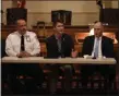  ?? TANIA BARRICKLO — DAILY FREEMAN ?? Kingston Mayor Steve Noble, center, speaks during a forum on Wednesday at City Hall. Seated with him are Kingston Police Chief Egidio Tinti, left, and Ulster County District Attorney David Clegg.