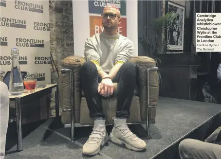  ?? Caroline Byrne / The National ?? Cambridge Analytica whistleblo­wer Christophe­r Wylie at the Frontline Club in London