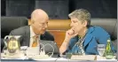  ?? KRISTOPHER SKINNER/STAFF ?? Gov. Jerry Brown and UC President Janet Napolitano chat at Wednesday’s meeting.