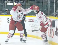  ?? BOB TYMCZYSZYN/POSTMEDIA NETWORK ?? St. Catharines Falcons Riley McCourt (17) and Zach Main celebrate after opening the scoring against Caledonia in junior B Golden Horseshoe hockey playoff action Friday at the Gatecliff arena in St. Catharines.