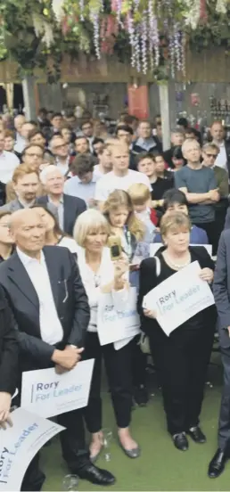  ??  ?? Tory leadership contender Rory Stewart speaks to the crowd at a rally in London. The Internatio­nal Developmen­t Secretary says he has the 33 backers to make it through to the second round