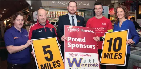  ??  ?? At the launch in Pettitt’s SuperValu St Aidan’s: Edwina Colfer (Wexford County Council), Mick Farrell (DMP Athletic Club) Nicky Byrne (manager, Pettitt’s SuperValu St Aidan’s), Eoin Ryan (race organiser) and Tracey Morgan (Wexford Chamber).