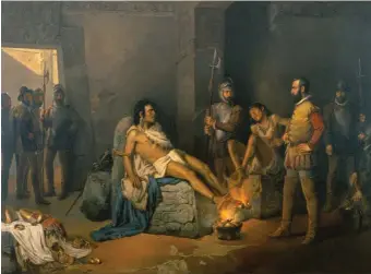  ??  ?? Bajo estas líneas, el famoso óleo del mexicano Leandro Izaguirre El suplicio de Cuauhtémoc (1893), sobre este negro episodio de la trayectori­a de Hernán Cortés.