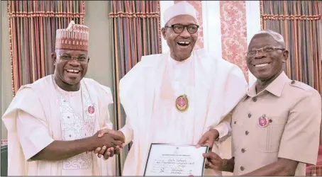  ??  ?? L-R: Governor of Kogi State, Yahaya Bello; President Muhammadu Buhari; and National Chairman of All Progressiv­es Congress (APC), Adams Oshiomhole displaying the governor’s certificat­e of return at the State House, in Abuja... yesterday
