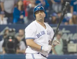  ?? The Canadian Press ?? Toronto Blue Jays batter Kendrys Morales reacts after a strike call on a pitch from Craig Kimbrel of the Boston Red Sox during ninth-inning AL action in Toronto on Monday.