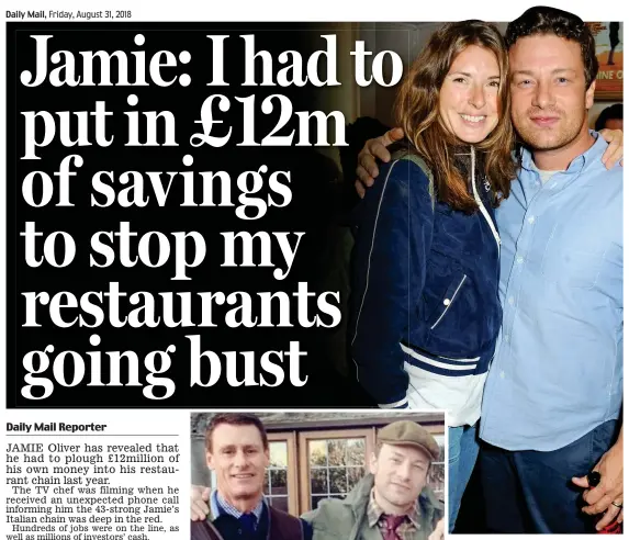  ??  ?? Pressure: Jamie Oliver with his wife Jools, and left with brother-in-law Paul Hunt – who is also his firm’s CEO