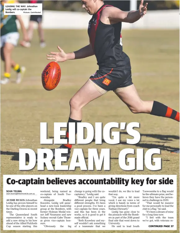  ?? Picture: Contribute­d ?? LEADING THE WAY: Johnathan Leidig will co-captain the Bombers.