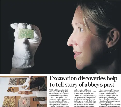  ??  ?? Curator Kat Baxter, top, looks at a medieval pendant found from a horse bridal in the grounds of Kirkstall Abbey, Leeds. Above, medieval floor tiles found at the abbey.