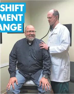  ?? COURTESY OF MARK MILLER ?? Tim Layman, a pastor from Rogers, Ark., visits his doctor, Mark Miller, in Fayettevil­le, but doesn’t always take his advice.