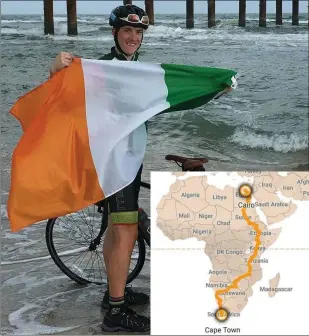  ??  ?? ABOVE: Tomás Mac an t-Saoir after completing his cross-America cycle last year. iNSET: The Tour d’Afrique Route he will face in 2018 and 2019.