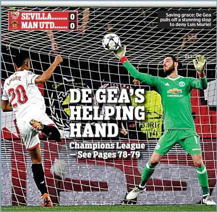  ??  ?? Saving grace: De Gea pulls off a stunning stop to deny Luis Muriel