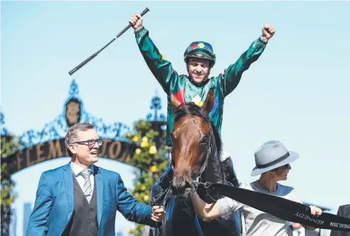  ?? Picture: Getty Images ?? IMPRESSED: Ryan Maloney celebrates on Alligator Blood after winning the Australian Guineas at Flemington in February.