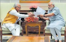  ?? HT PHOTO ?? Haryana chief minister Manohar Lal Khattar meeting Prime Minister Narendra Modi in New Delhi on Saturday.