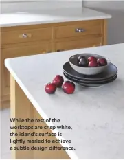  ??  ?? While the rest of the worktops are crisp white, the island’s surface is lightly marled to achieve a subtle design difference.